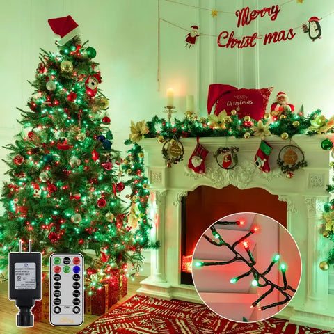 600 LED 30ft Red & Green Cluster Lights (Green Cable, Plug in, 8 Modes, IP44 Waterproof)
