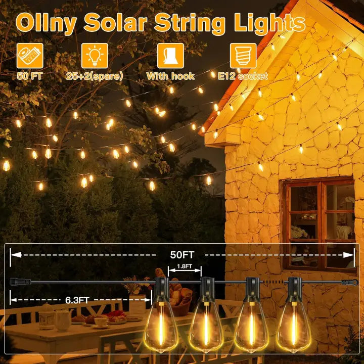 Ollny ST38 solar string lights outdoor waterproof 50ft length details