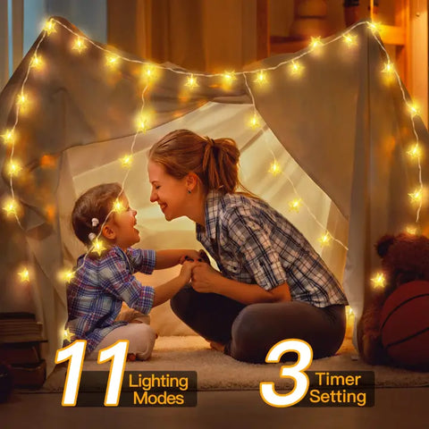 Ollny's 100 leds 49ft star string lights come with 11 lighting modes and 3 timer functions
