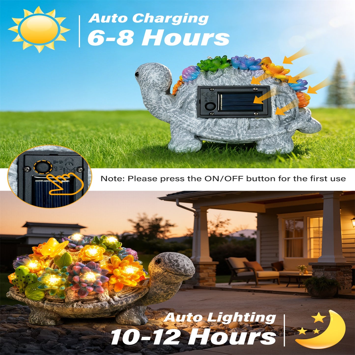 
                  
                    Ollny Solar Garden Turtle/Frog Statue Light with Succulent and 8 LED Lights, IP65 Waterproof Resin Tortoise Statues Light for Patio Yard Lawn Decor
                  
                