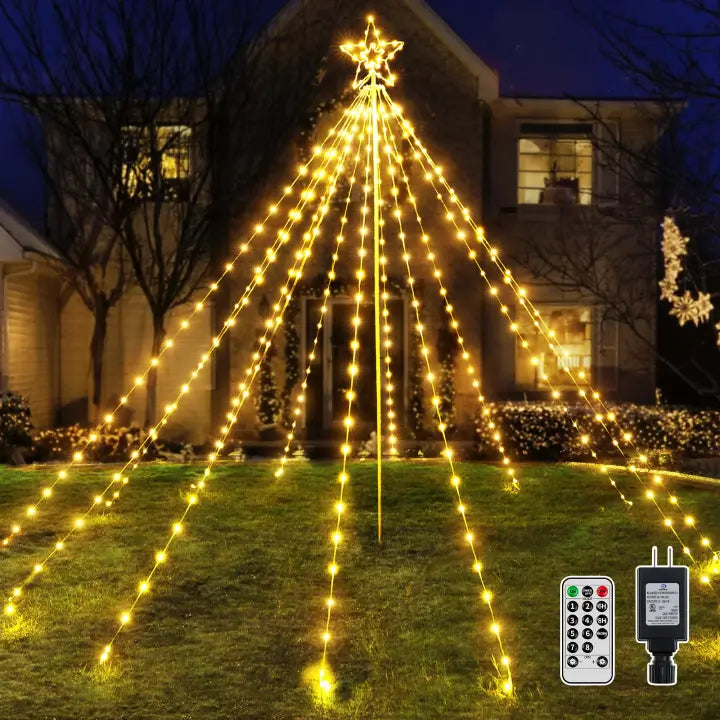 340 Led Warm White Christmas Lights Tree For Lawn (With Pole, Clear Wire, IP67 Waterproof, 8 Modes, Plug In)