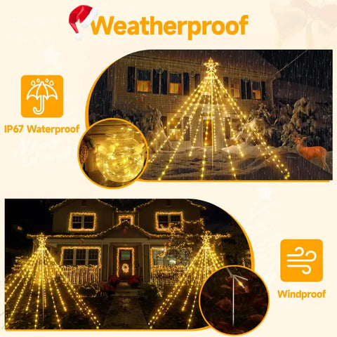 340 Led Warm White Christmas Lights Tree For Lawn (With Pole, Clear Wire, IP67 Waterproof, 8 Modes, Plug In)