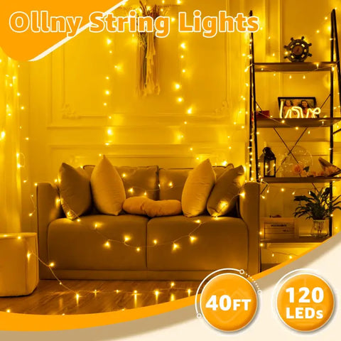 Ollny 120 LED 40ft Warm White Connectable String Lights (Clear Cable, Plug in, 8 Modes)