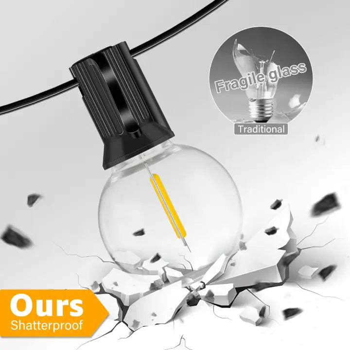 The bulbs of Ollny's 150ft G40 outdoor string lights are shatterproof