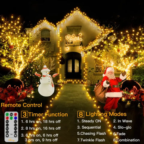 200 LED 33ft Warm White Christmas Mini String Lights (Green Cable, Plug In, 8 Modes, IP44 Waterproof)