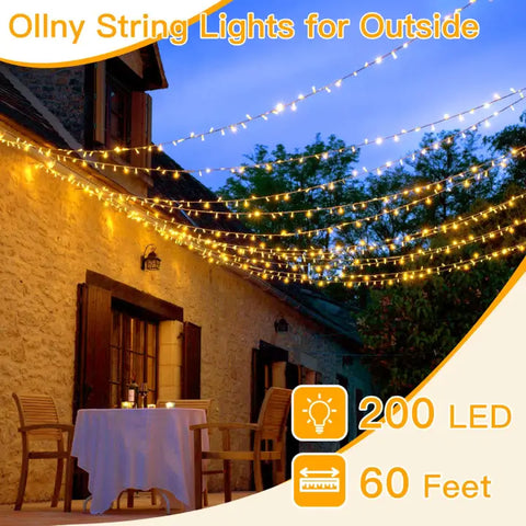 200 LED 60ft Warm White Connectable String Lights (Clear Cable, Plug in, 8 Modes)