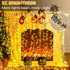 400 LED 20ft Warm White Christmas Cluster Lights (Green Cable, Plug in, 8 Modes, IP44 Waterproof)