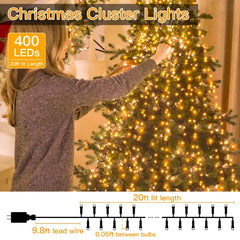 400 LED 20ft Warm White Christmas Cluster Lights (Green Cable, Plug in, 8 Modes, IP44 Waterproof)
