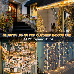 400 LED 20ft Warm White Christmas Cluster Lights (Green Cable, Plug in, 8 Modes, IP44 Waterproof)