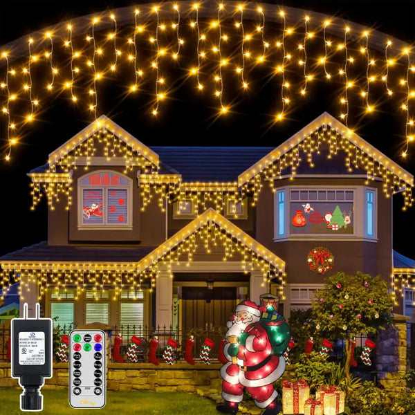 594 LED 49ft Warm White Christmas Icicle Lights (Clear Cable, Plug in, 8 Modes), Connectable up to 3 Sets