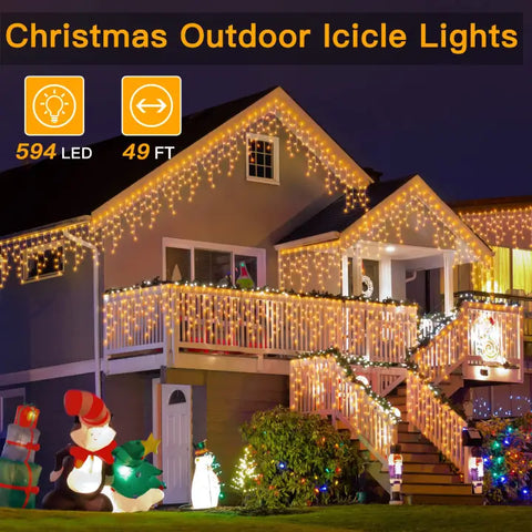 594 LED 49ft Warm White Christmas Icicle Lights (Clear Cable, Plug in, 8 Modes), Connectable up to 3 Sets