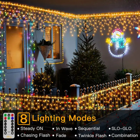 594 LED 49ft Warm White Christmas Icicle Lights (Clear Cable, Plug in, 8 Modes), Connectable up to 3 Sets
