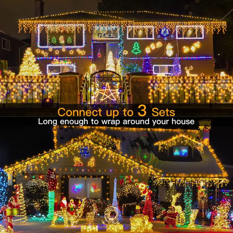 594 LED 49ft Warm White Christmas Icicle Lights (Clear Cable, Plug in, 8 Modes), Connectable up to 3 Sets