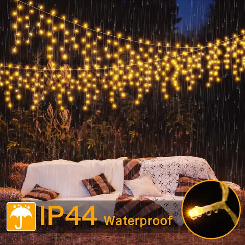 594 LED 49ft Warm White Christmas Icicle Lights (Clear Cable, Plug in, 8 Modes), Connectable up to 3 Sets