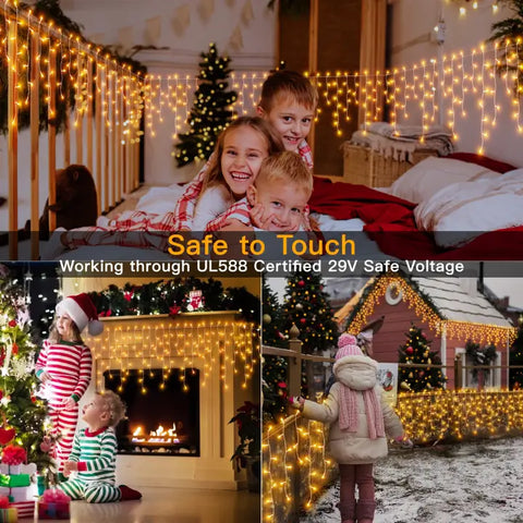 594 LED 49ft Warm White Christmas Icicle Lights (Clear Cable, Plug in, 8 Modes), Connectable up to 3 Sets