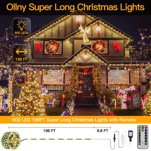 Length instructions for Ollny's 600 leds green wire warm white Christmas lights