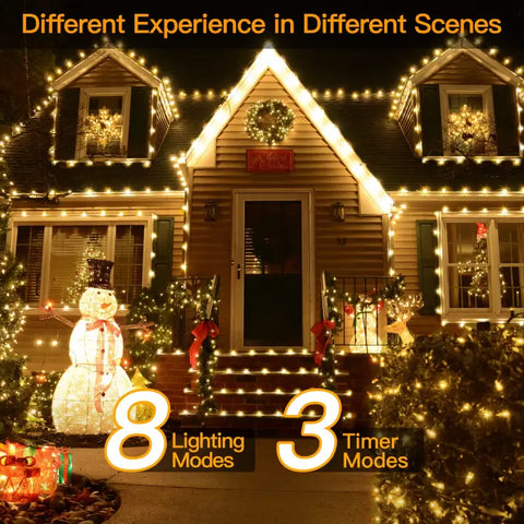 Ollny's 600 leds green wire warm white Christmas lights with 8 lighting modes and 3 timer functions