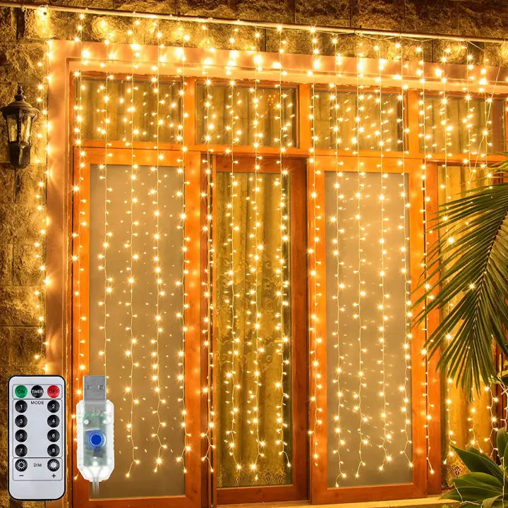 Ollny's 200 leds 6.6ft*6.6ft warm white curtain lights clear cable usb powered