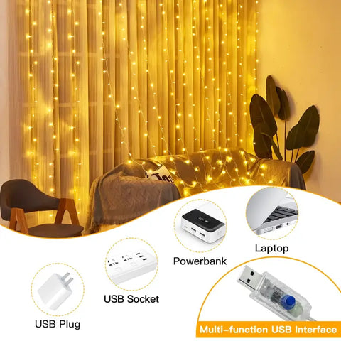 Ollny's 200 leds warm white curtain lights can be powered in multiple ways via a usb port