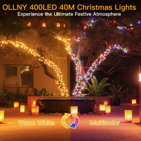 Ollny's 400 leds green wire string lights can switch from warm white to 3 different multicolors