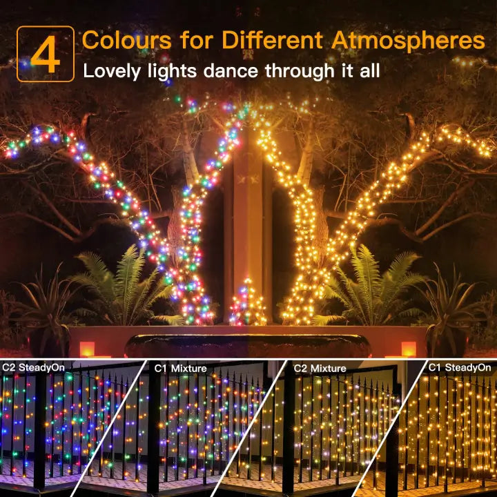 Ollny's 400 leds string lights feature warm white and 3 different multicolors