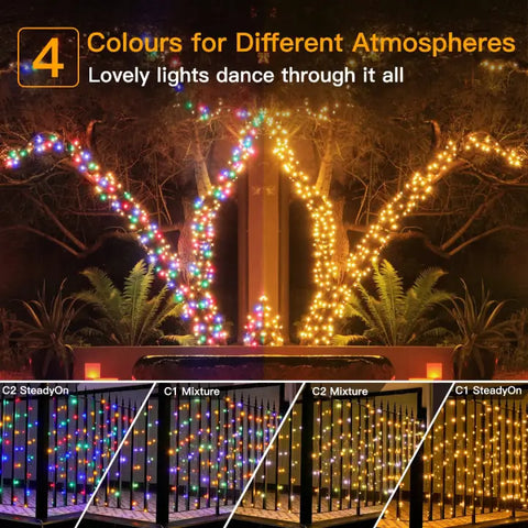 Ollny's 400 leds string lights feature warm white and 3 different multicolors