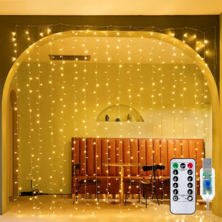 Ollny's 300 leds warm white curtain lights clear cable usb powered