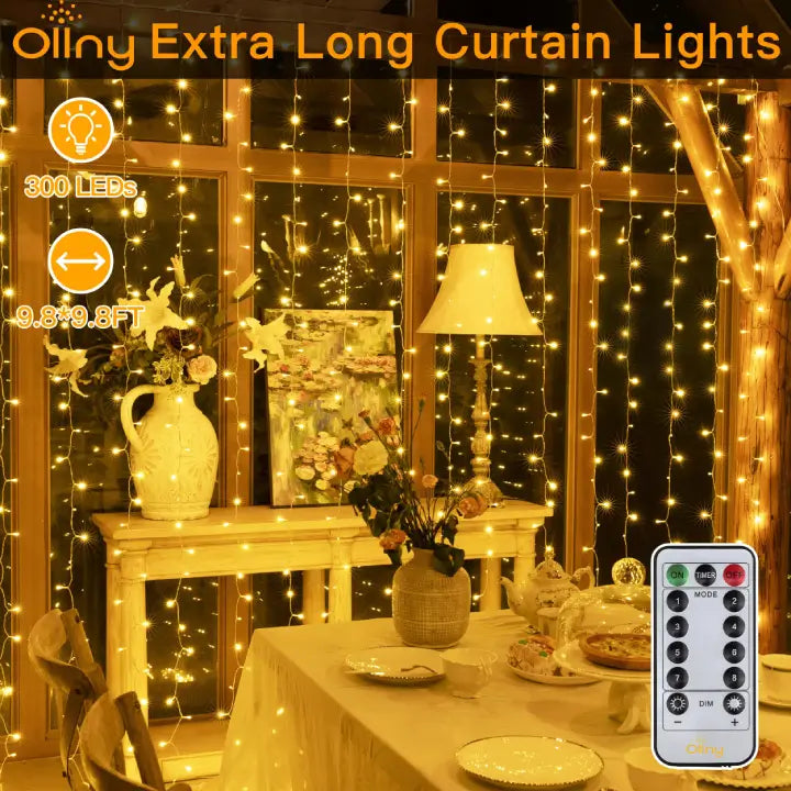 Ollny's 300 leds warm white curtain lights measures 9.8ft x 9.8ft in length and width