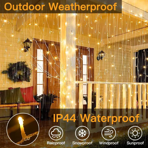 Ollny's 300 leds warm white curtain lights are IP44 waterproof