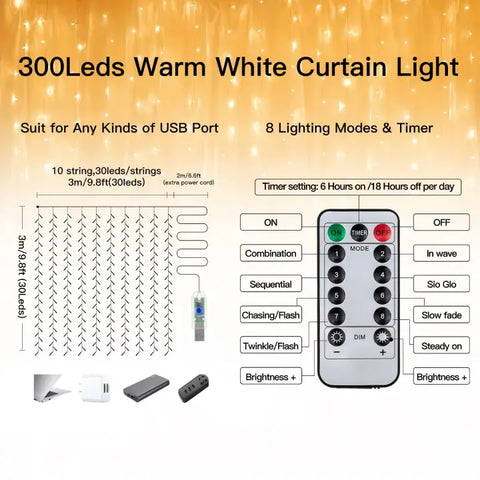 Ollny's 300 leds warm white curtain lights suit for any kinds of USB port and feature 8 lighting modes & timer.