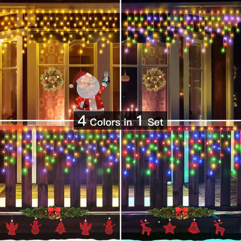 Ollny's 306 leds icicle lights feature warm white and 3 different multicolors
