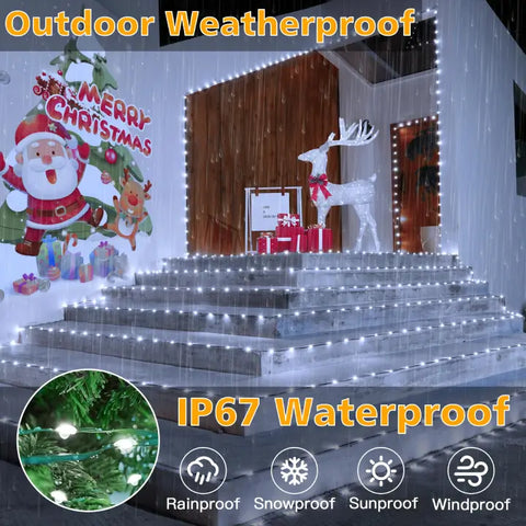 1200 LED 393ft Cool White IP67 Waterproof Christmas String Lights (Green Wire, Plug in, 8 Modes)