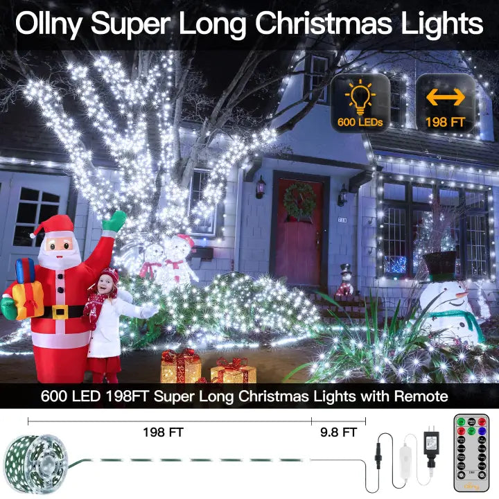 Length instructions for Ollny's 600 leds green wire cool white Christmas lights