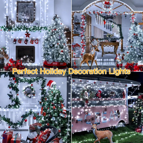 Collage of lighted Christmas window decorations in various settings.