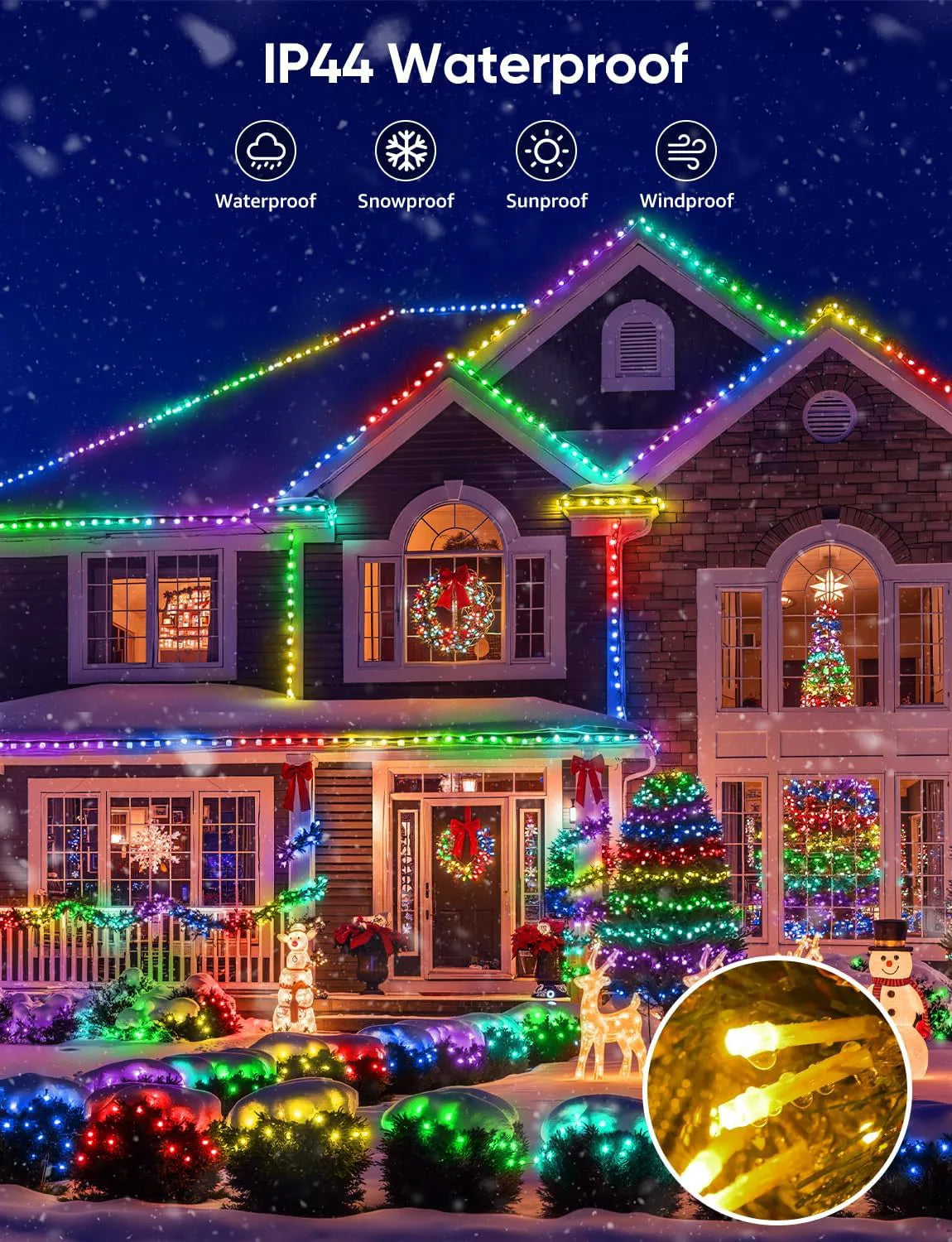 
                  
                    Ollny outdoor smart Christmas lights are IP44 waterproof 
                  
                