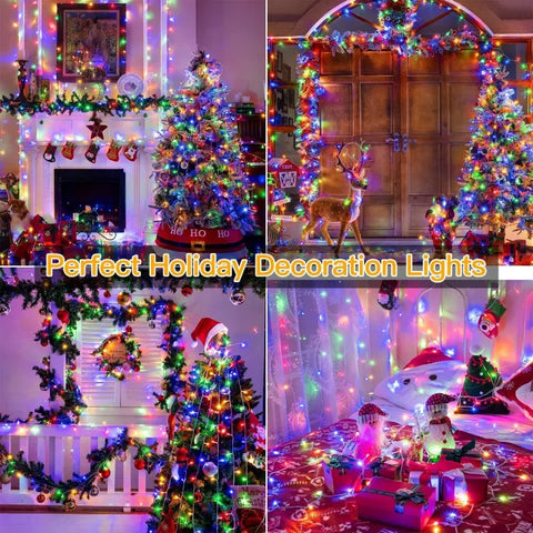 Collage of Christmas decorations with colorful lights in various settings.