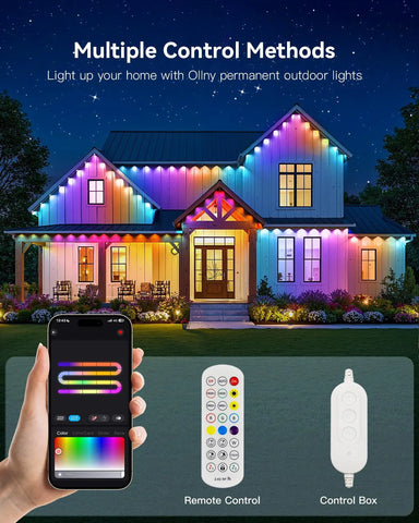 multiple control methods for permanent led lights: app, remote control, and control box