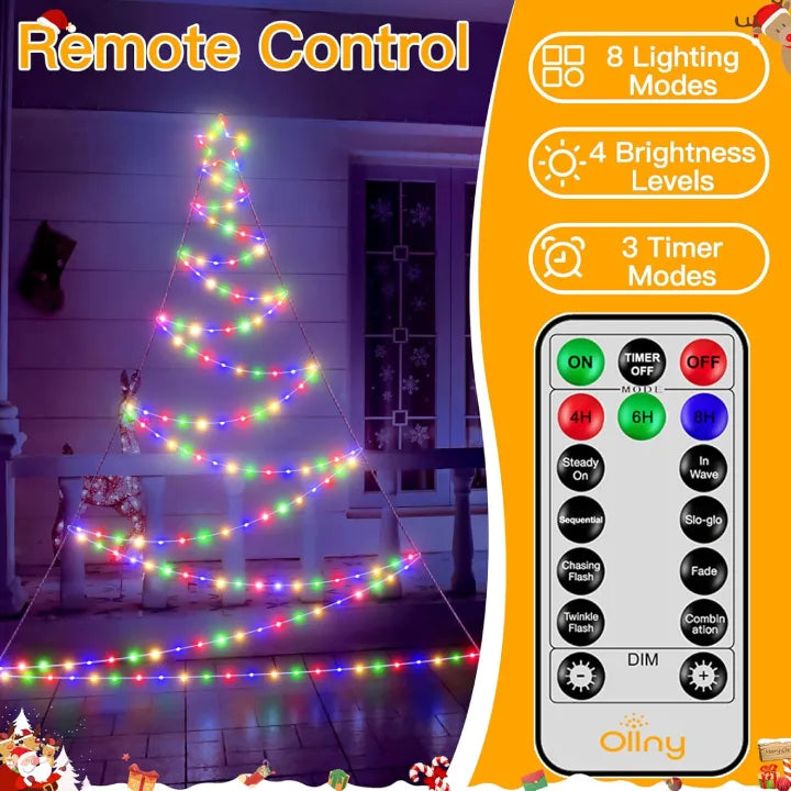 Christmas tree lights and a remote control with lighting options.