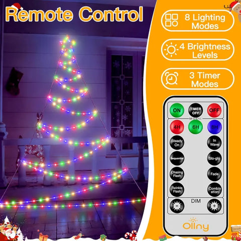 Christmas tree lights and a remote control with lighting options.