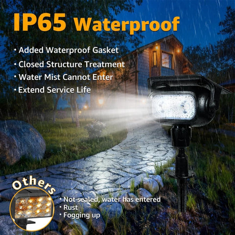 Solar powered spotlight with IP65 waterproof rating installed in a rainy outdoor setting
