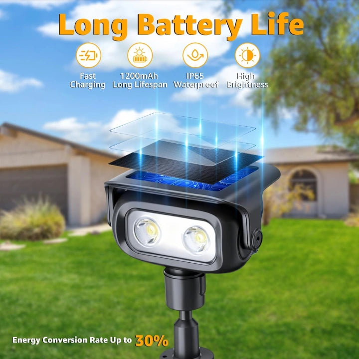 Long-lasting solar spotlight battery life powering bright LED lights in a backyard