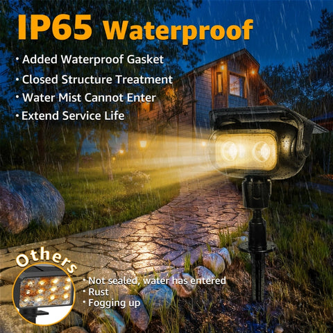 Solar powered spotlight with IP65 waterproof rating installed in a rainy outdoor setting