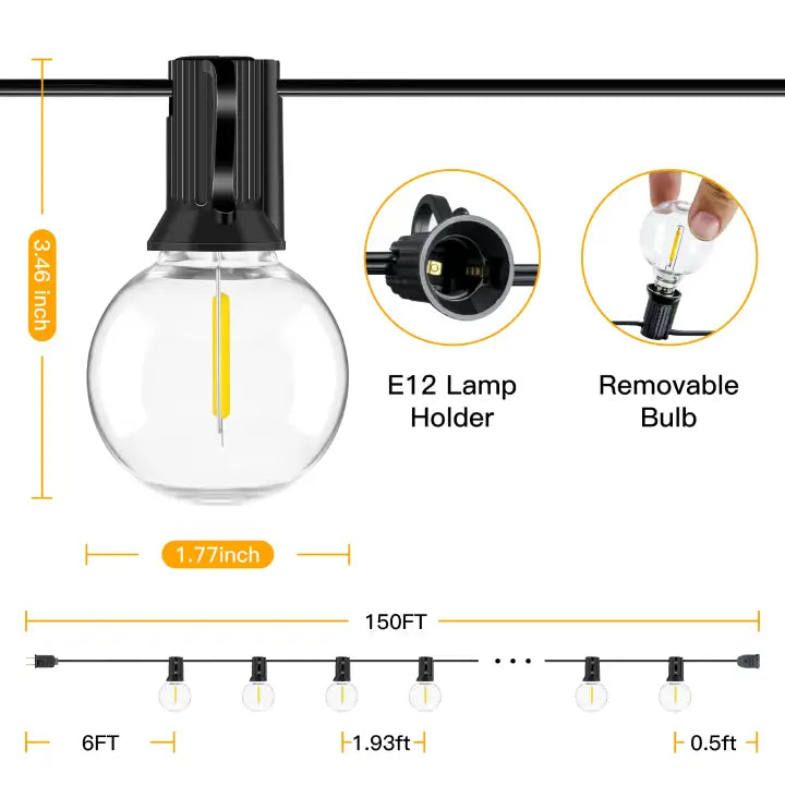 
                  
                    Length instructions for Ollny's 150ft G40 outdoor string lights
                  
                