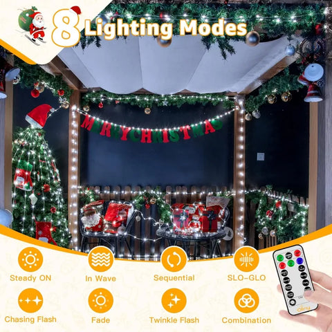 Decorated Christmas gazebo with white LED Christmas lights and remote control, featuring 8 lighting modes.