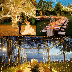 Wedding scenes decorated by 132ft warm white wedding fairy lights
