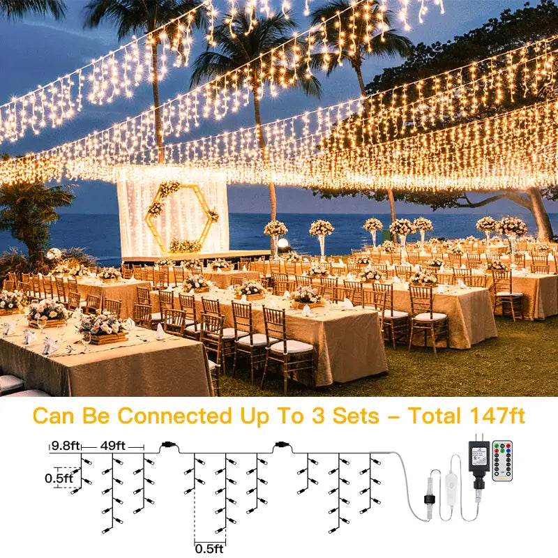 Ollny's 594 leds warm white wedding icicle lights can be connect up 3 sets