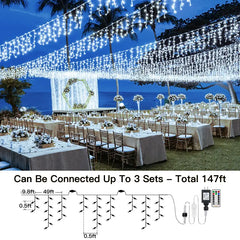 Ollny's 594 leds cool white wedding icicle lights can be connect up 3 sets