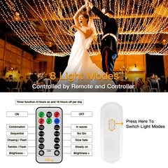 Use remote control and controller to switch 8 Lighting modes of 132ft warm white wedding fairy lights