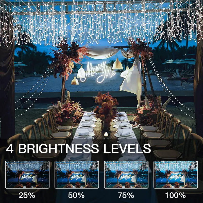 Ollny's cool white wedding icicle lights with 4 brightness levels