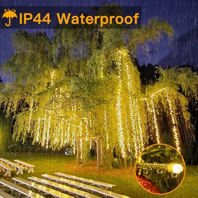 Ollny's 400 leds warm white wedding cluster lights are IP44 waterproof